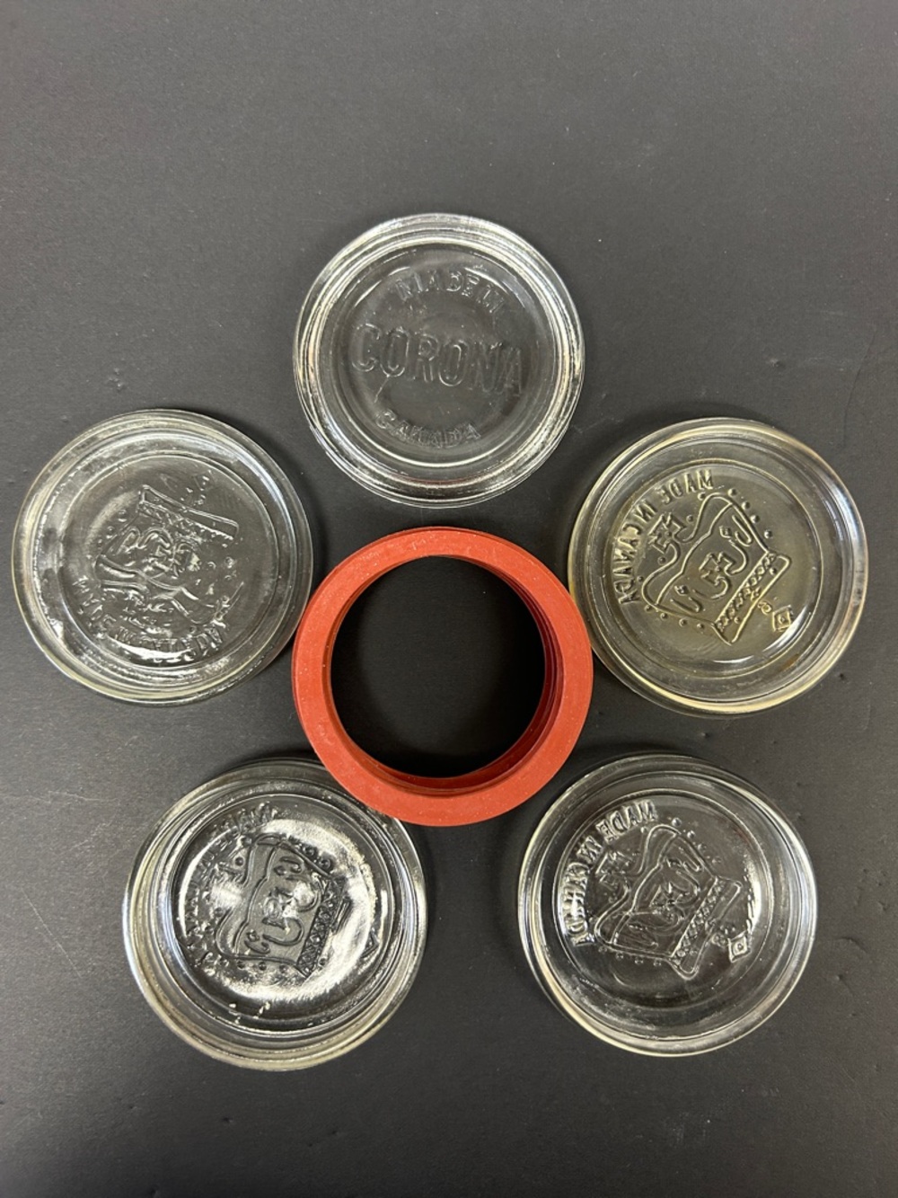 Vintage set  of five clear glass 3” canning jar lids with 8 rubber seals
